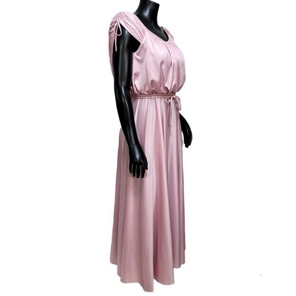 Vintage 70s Union Made Pink‎ Draped Back Cinched Shoulder Disco Dress Tie Belt - Picture 6 of 12